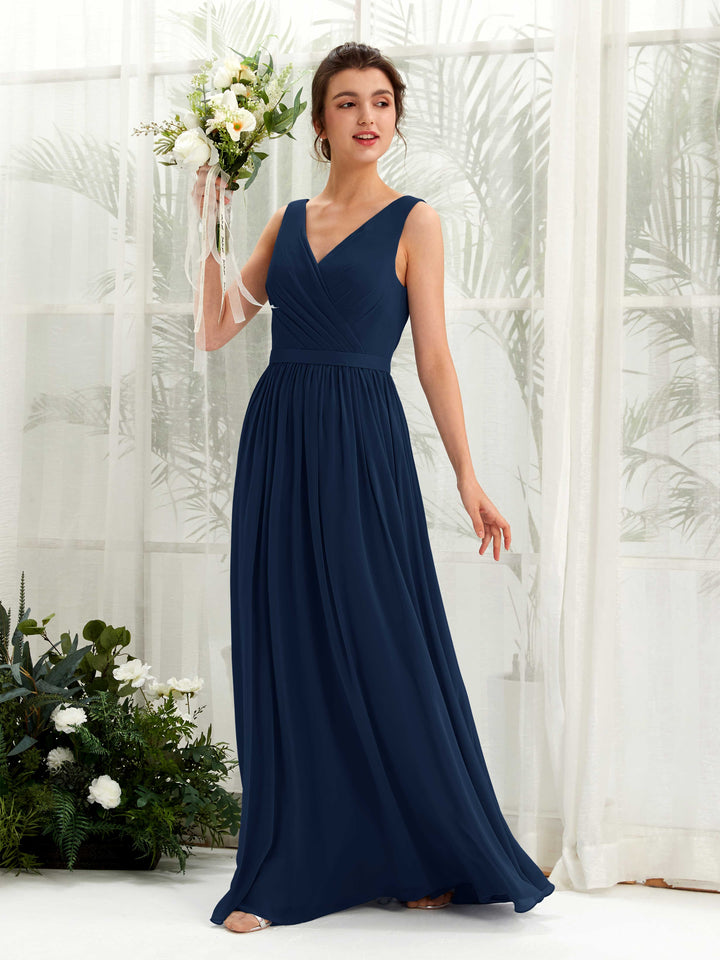 Carlyna A-Linien-Kleid V-Ausschnitt Bodenlang Gerafft Brautjungfernkleid Marineblau 
