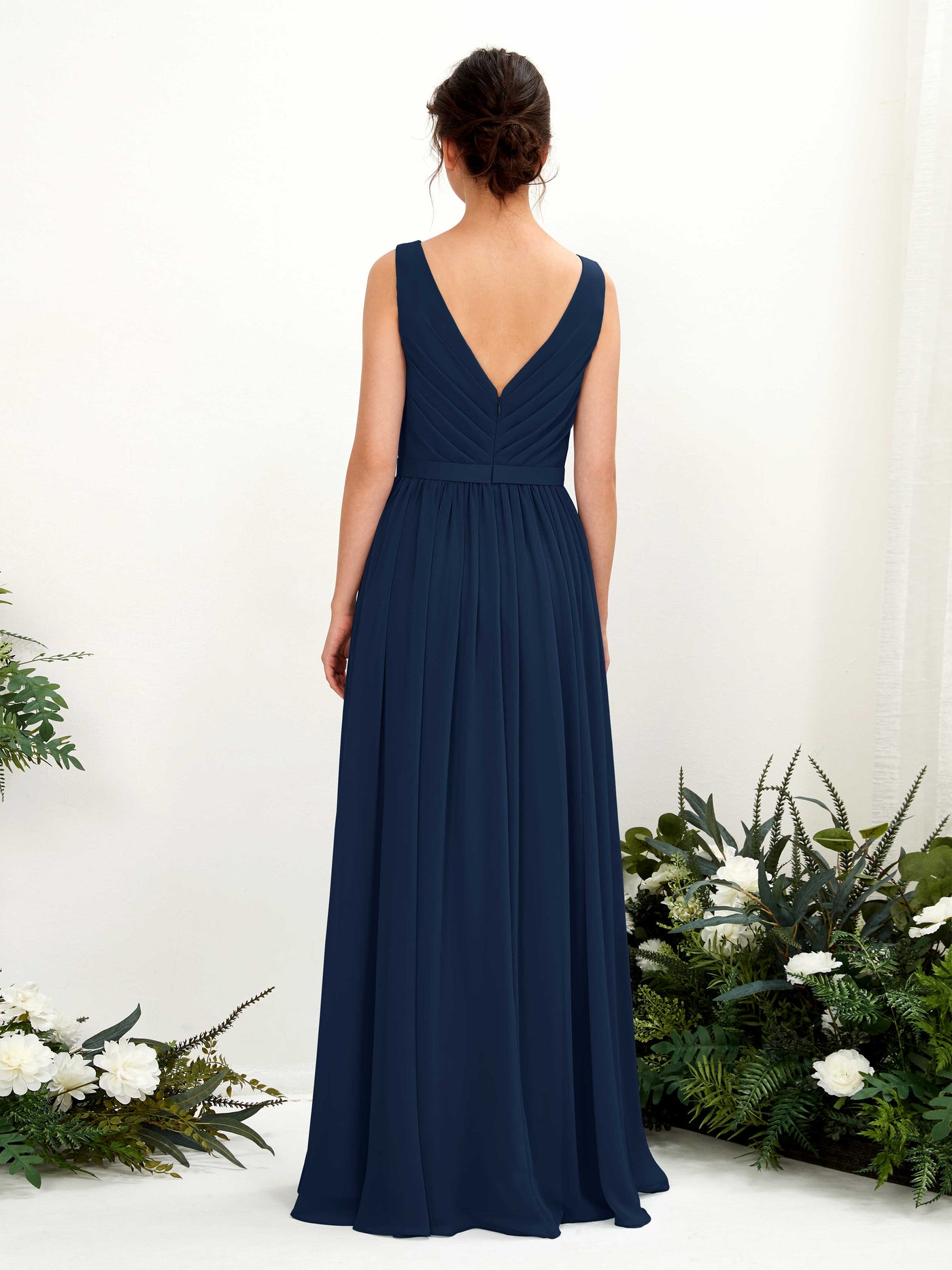 Carlyna A-Linien-Kleid V-Ausschnitt Bodenlang Gerafft Brautjungfernkleid Marineblau #farbe_marineblau