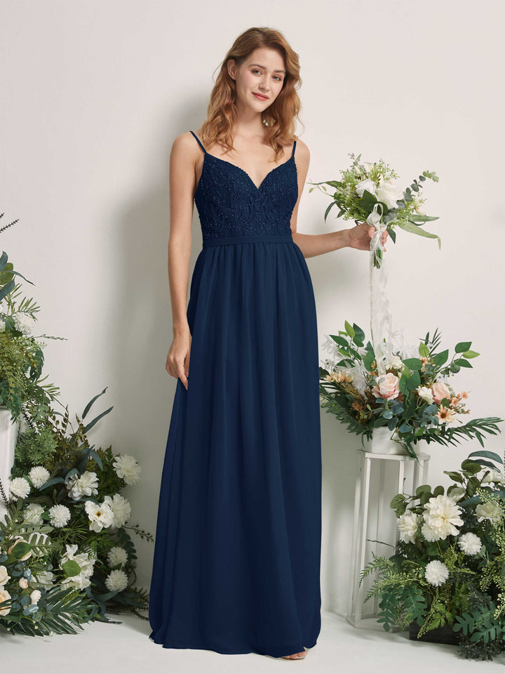 Carlyna A-Linien-Kleid V-Ausschnitt Bodenlang Gerafft Brautjungfernkleid Marineblau 