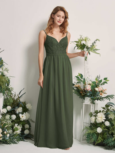Carlyna A-Linien-Kleid V-Ausschnitt Bodenlang Gerafft Brautjungfernkleid Martini-Olive #farbe_martini-olive