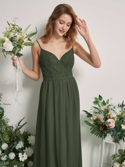 Carlyna A-Linien-Kleid V-Ausschnitt Bodenlang Gerafft Brautjungfernkleid Martini-Olive #farbe_martini-olive