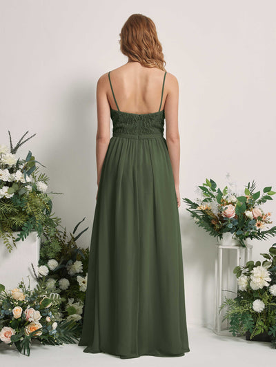 Carlyna A-Linien-Kleid V-Ausschnitt Bodenlang Gerafft Brautjungfernkleid Martini-Olive #farbe_martini-olive