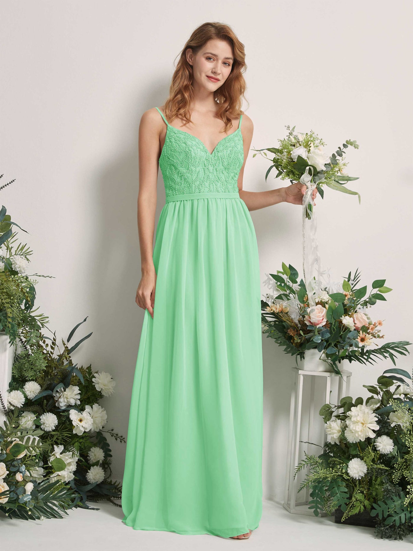 Carlyna A-Linien-Kleid V-Ausschnitt Bodenlang Gerafft Brautjungfernkleid Minzgrün #farbe_minzgr-n