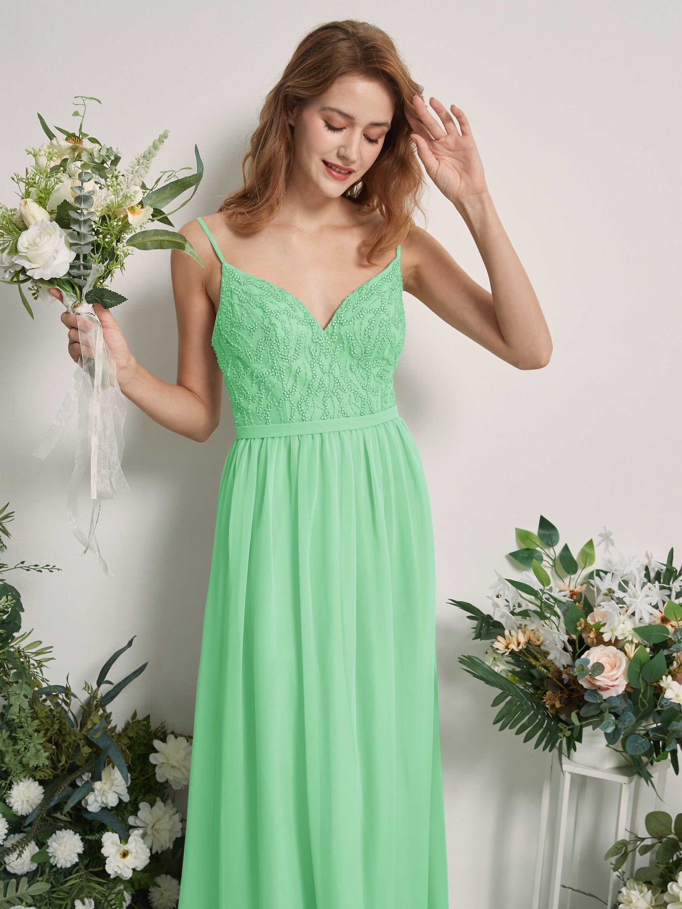 Carlyna A-Linien-Kleid V-Ausschnitt Bodenlang Gerafft Brautjungfernkleid Minzgrün #farbe_minzgr-n