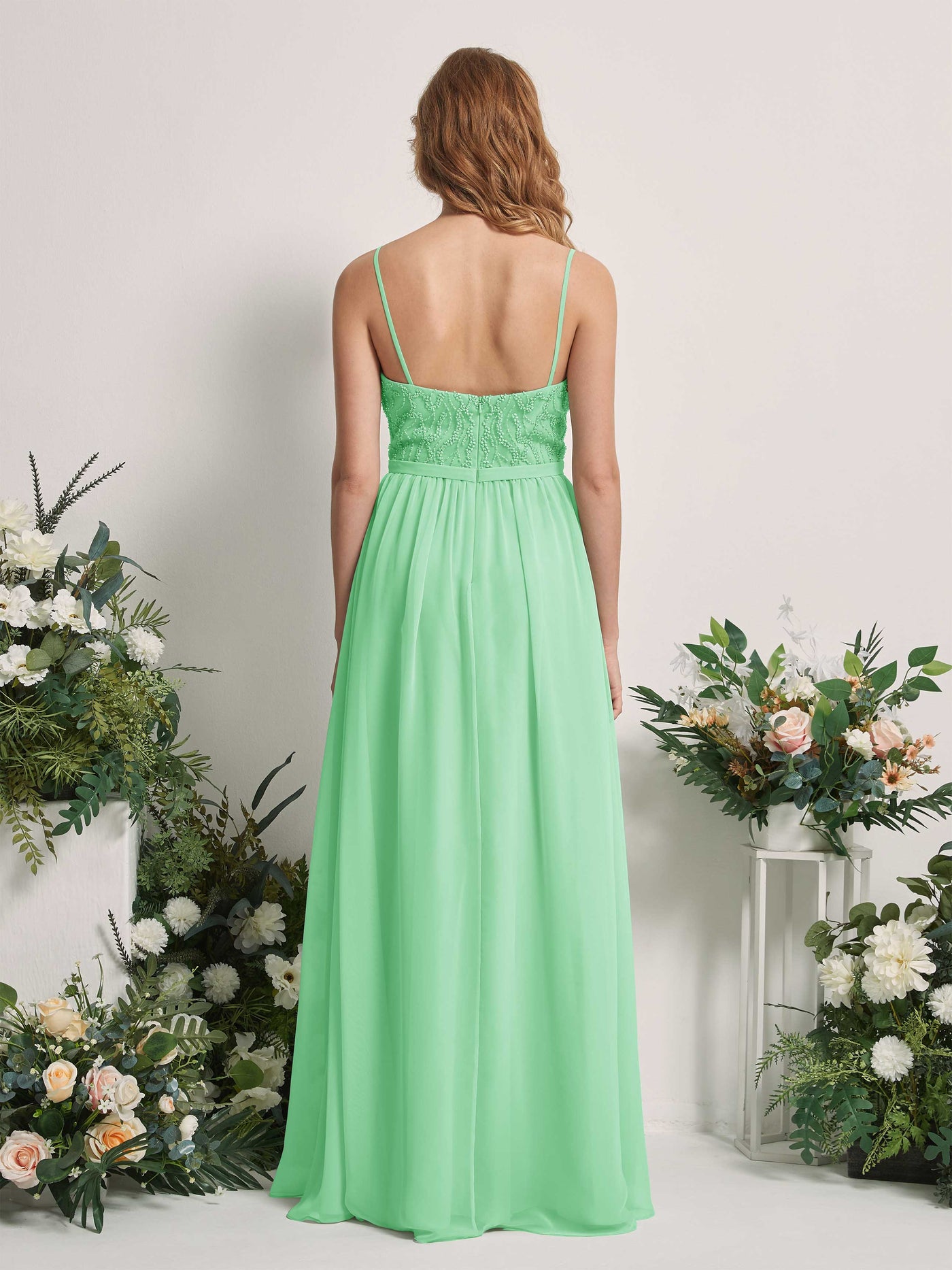 Carlyna A-Linien-Kleid V-Ausschnitt Bodenlang Gerafft Brautjungfernkleid Minzgrün #farbe_minzgr-n