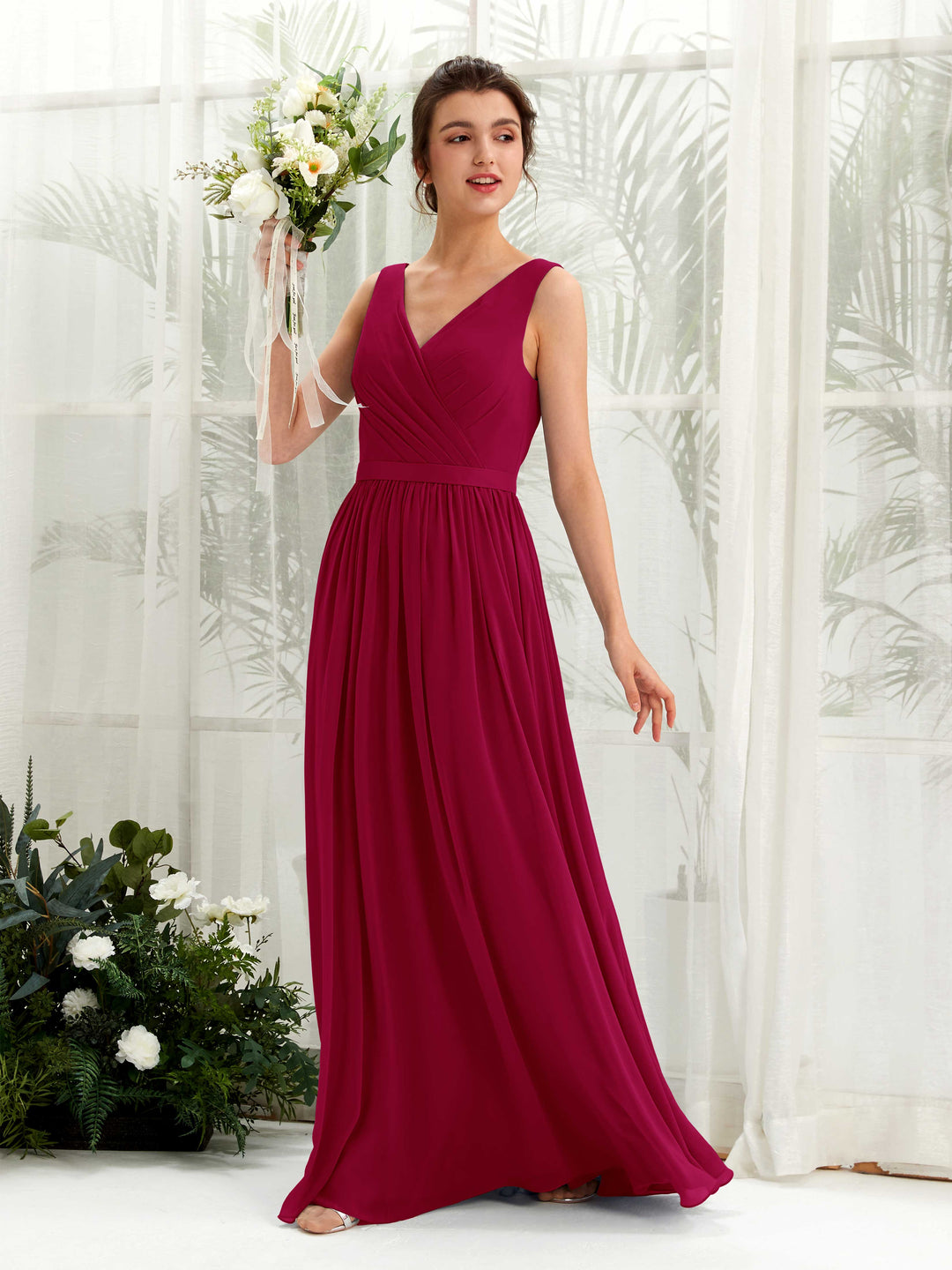 Carlyna A-Linien-Kleid V-Ausschnitt Bodenlang Gerafft Brautjungfernkleid Narrenrot 