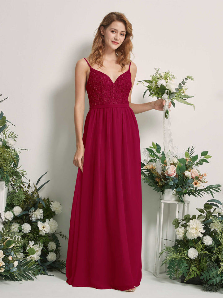 Carlyna A-Linien-Kleid V-Ausschnitt Bodenlang Gerafft Brautjungfernkleid Narrenrot 