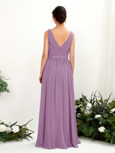 Carlyna A-Linien-Kleid V-Ausschnitt Bodenlang Gerafft Brautjungfernkleid Orchideen-Nebel #farbe_orchideen-nebel