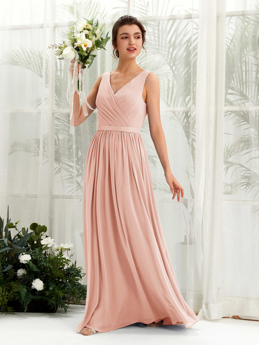 Carlyna A-Linien-Kleid V-Ausschnitt Bodenlang Gerafft Brautjungfernkleid Perlrosa 