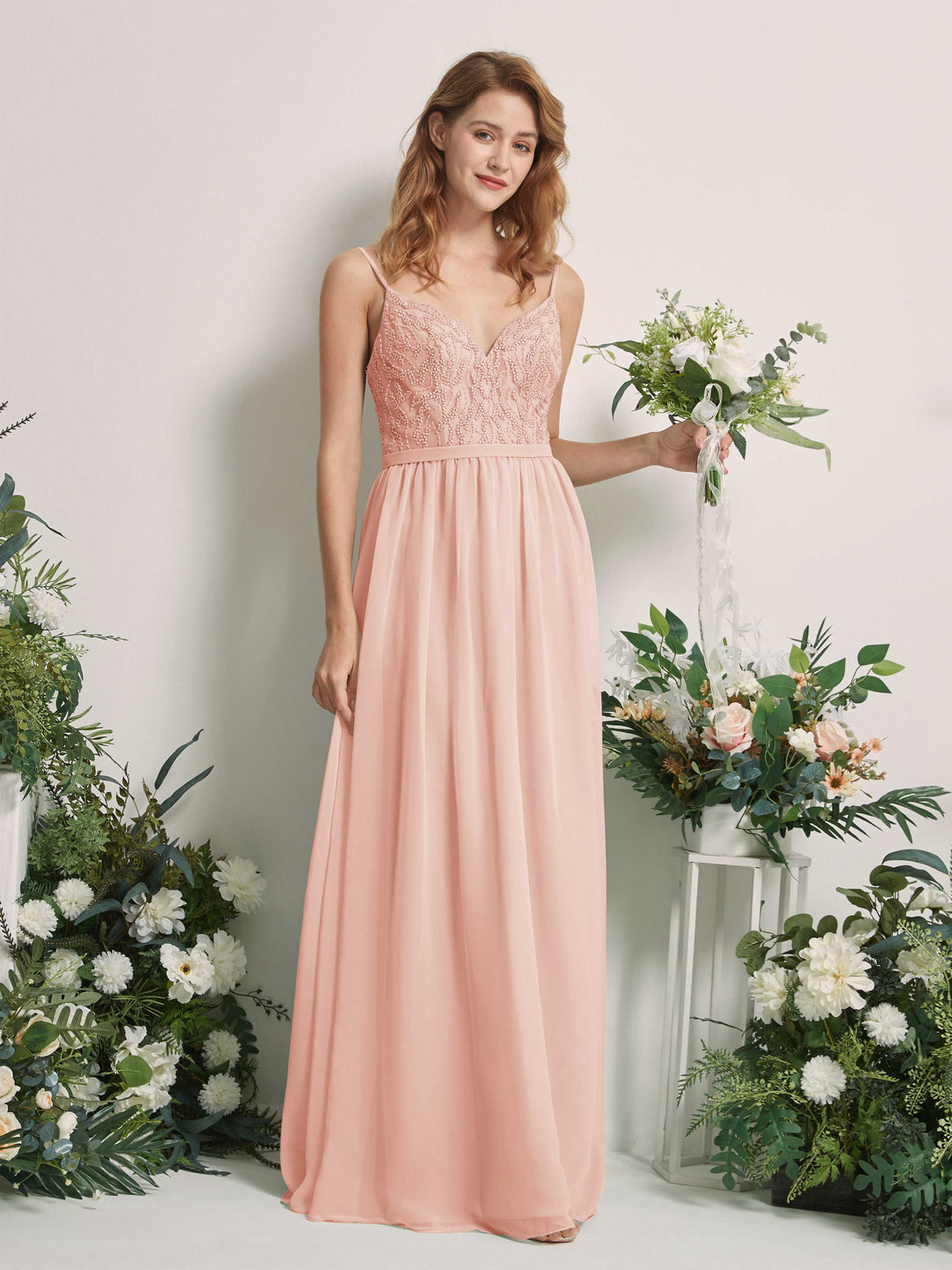 Carlyna A-Linien-Kleid V-Ausschnitt Bodenlang Gerafft Brautjungfernkleid Perlrosa 