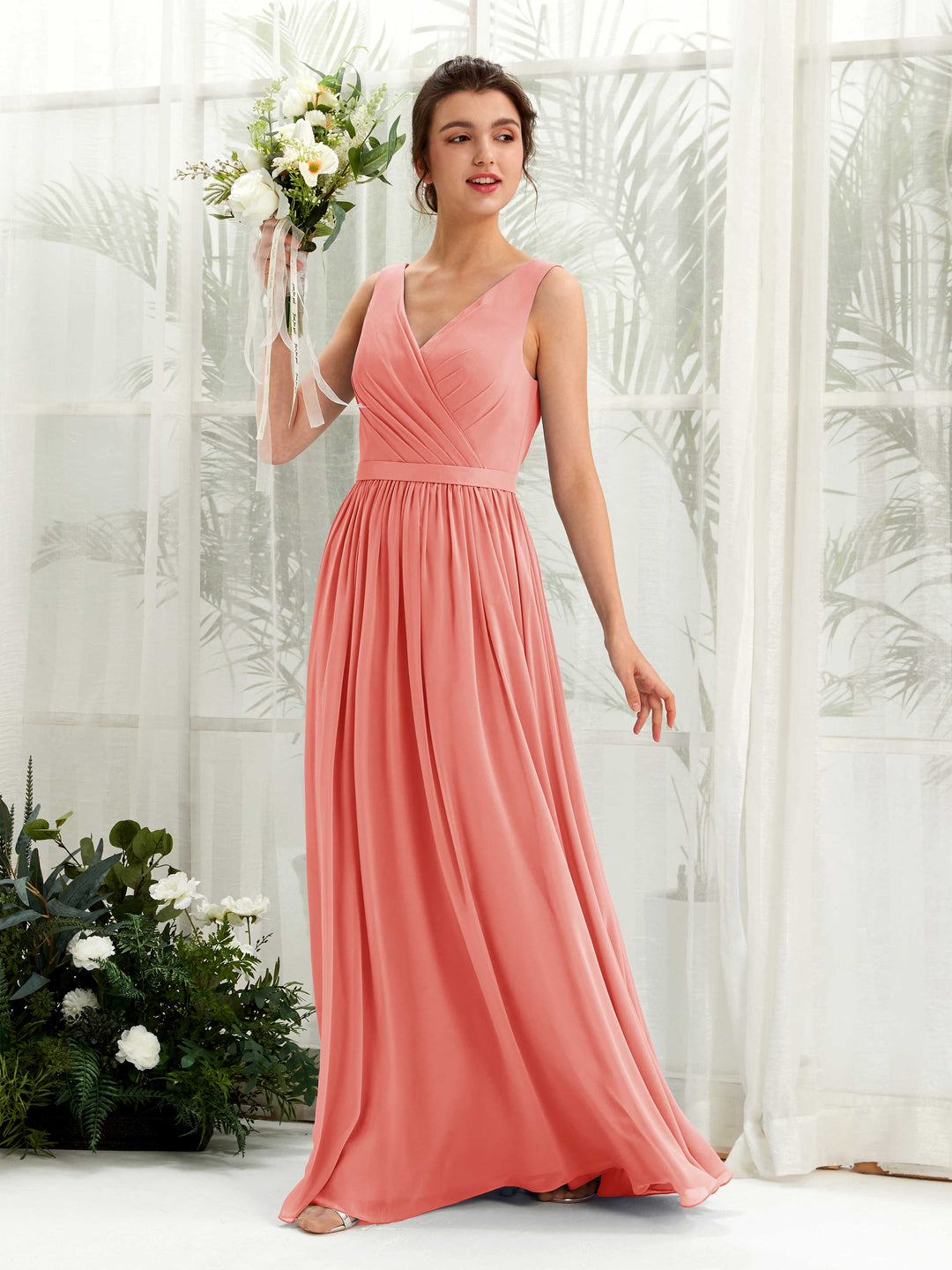 Carlyna A-Linien-Kleid V-Ausschnitt Bodenlang Gerafft Brautjungfernkleid Pfirsichrosa 