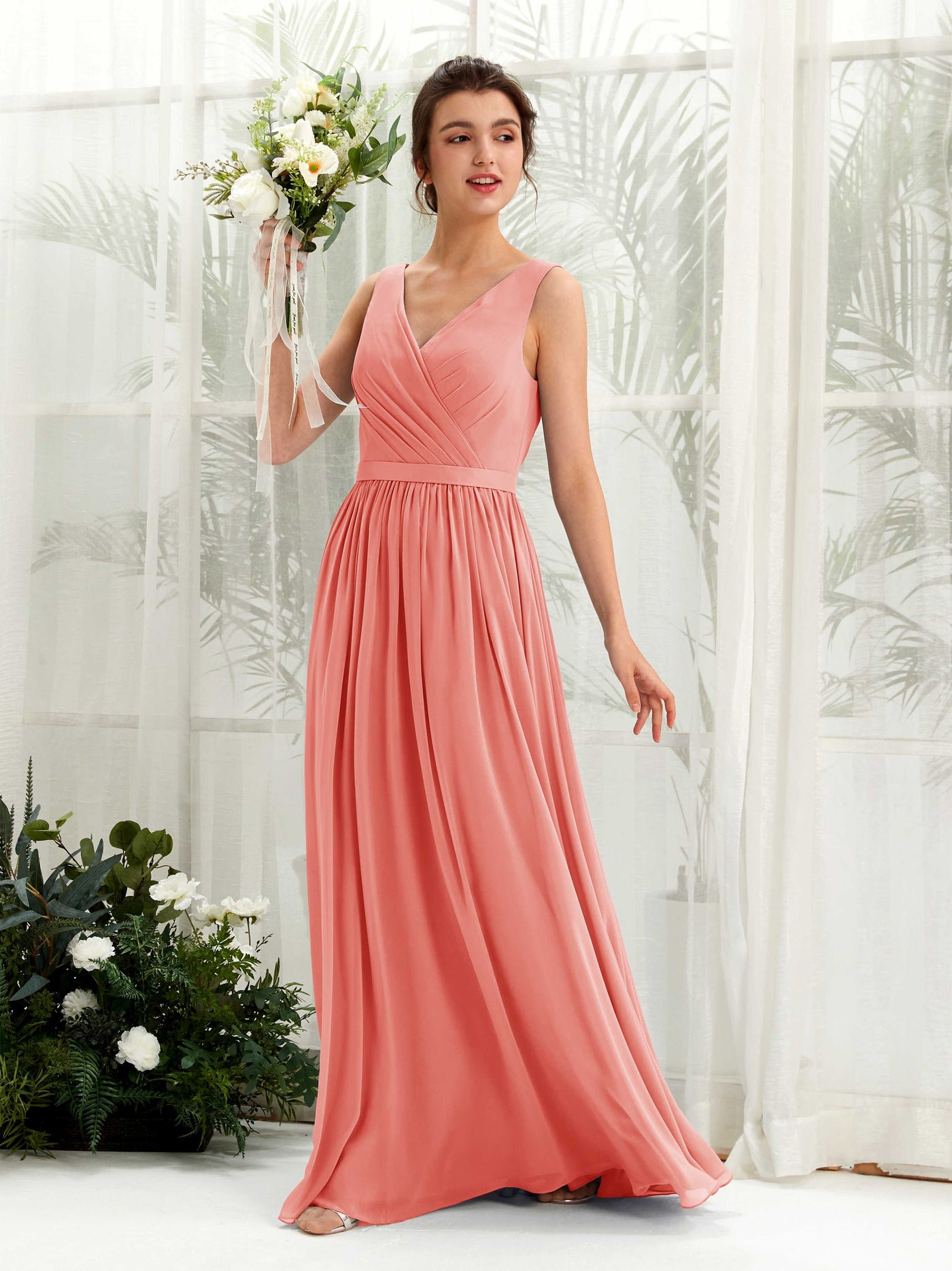 Carlyna A-Linien-Kleid V-Ausschnitt Bodenlang Gerafft Brautjungfernkleid Pfirsichrosa #farbe_pfirsichrosa