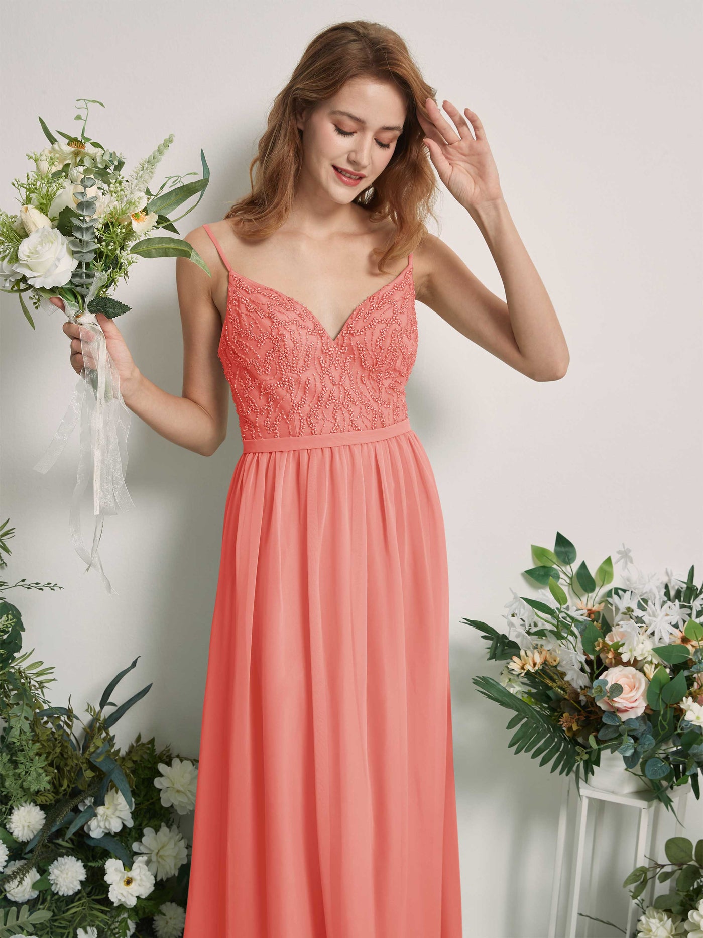 Carlyna A-Linien-Kleid V-Ausschnitt Bodenlang Gerafft Brautjungfernkleid Pfirsichrosa #farbe_pfirsichrosa