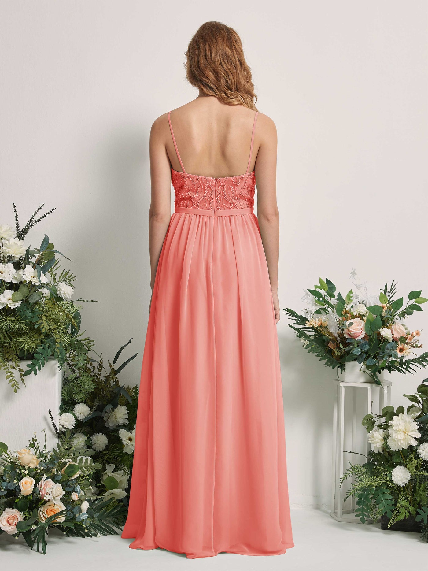 Carlyna A-Linien-Kleid V-Ausschnitt Bodenlang Gerafft Brautjungfernkleid Pfirsichrosa #farbe_pfirsichrosa