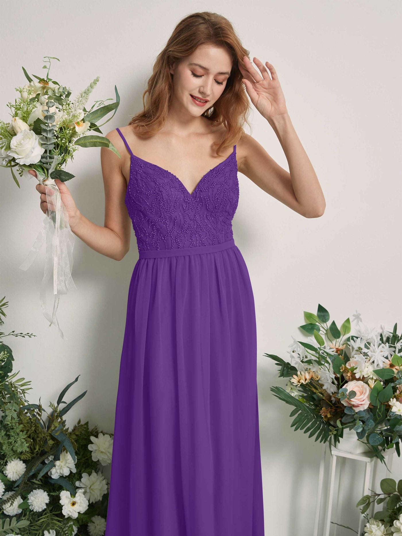 Carlyna A-Linien-Kleid V-Ausschnitt Bodenlang Gerafft Brautjungfernkleid Regency #farbe_regency