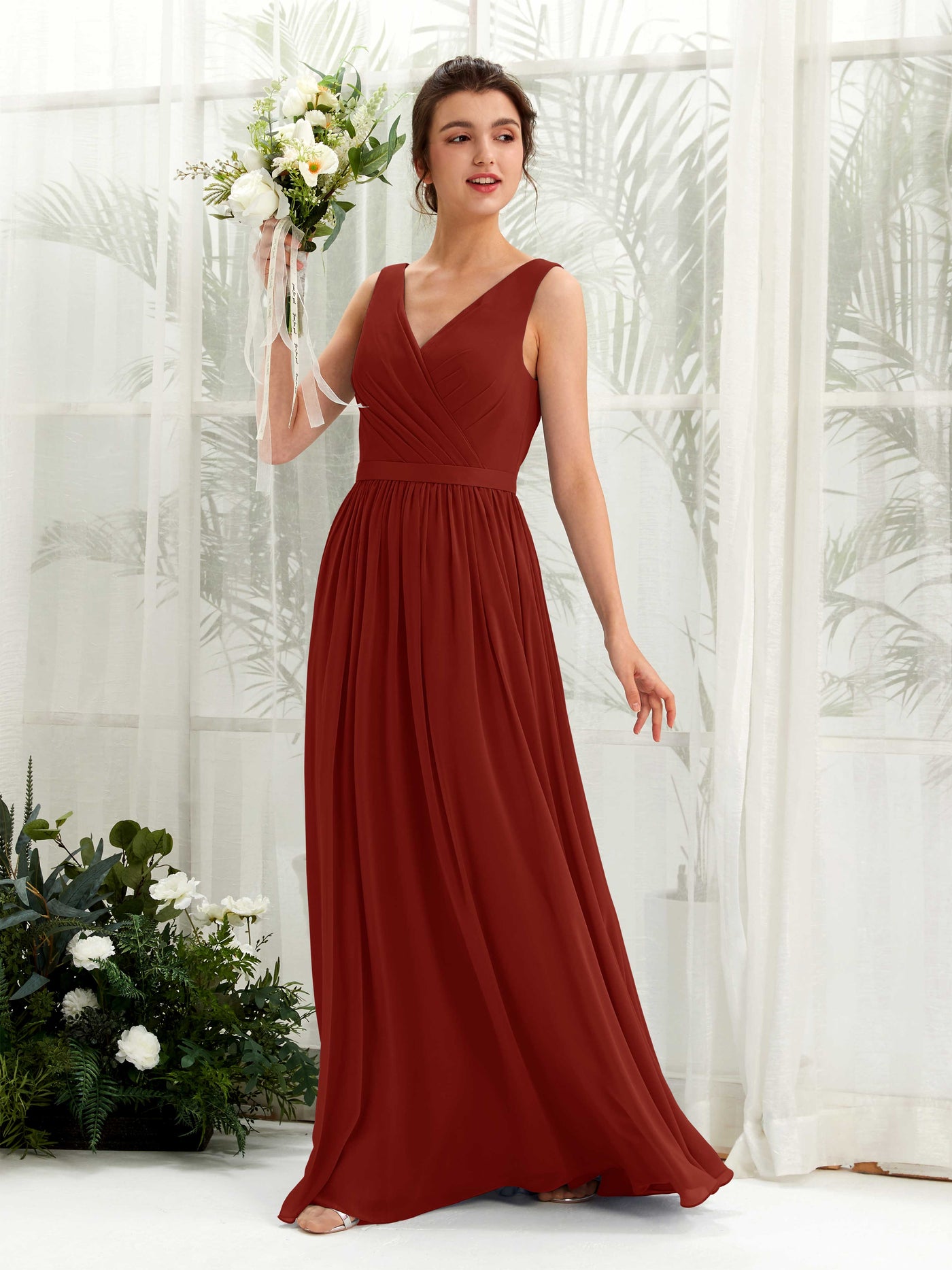 Carlyna A-Linien-Kleid V-Ausschnitt Bodenlang Gerafft Brautjungfernkleid Rostrot #farbe_rostrot