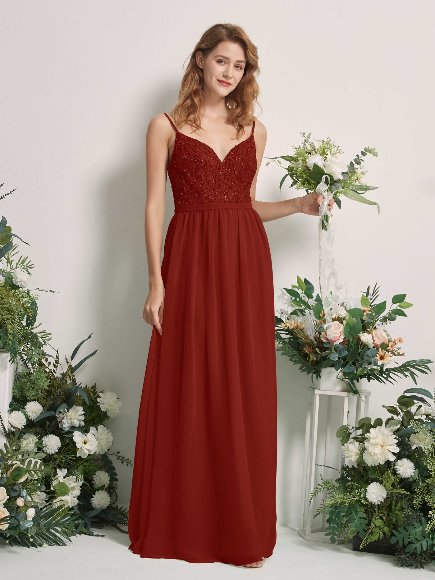 Carlyna A-Linien-Kleid V-Ausschnitt Bodenlang Gerafft Brautjungfernkleid Rostrot #farbe_rostrot