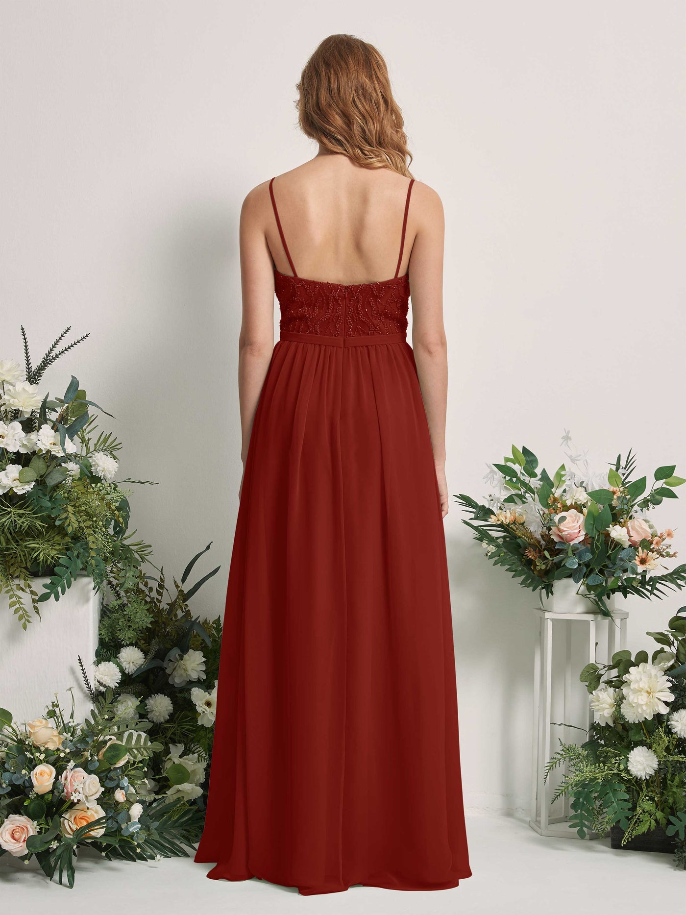 Carlyna A-Linien-Kleid V-Ausschnitt Bodenlang Gerafft Brautjungfernkleid Rostrot #farbe_rostrot