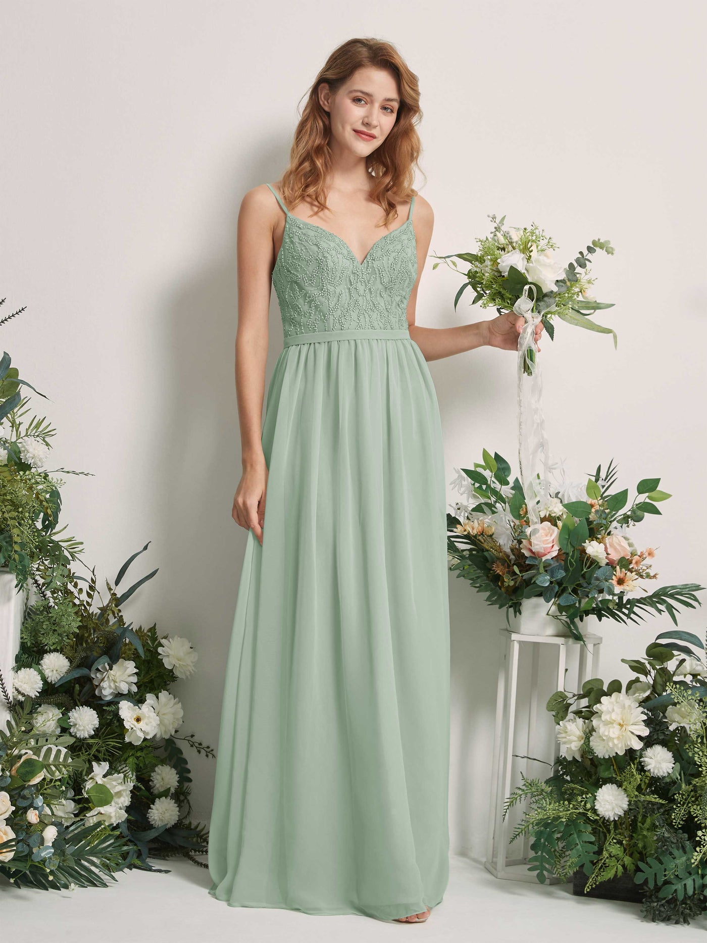 Carlyna A-Linien-Kleid V-Ausschnitt Bodenlang Gerafft Brautjungfernkleid Salbeigrün #farbe_salbeigr-n