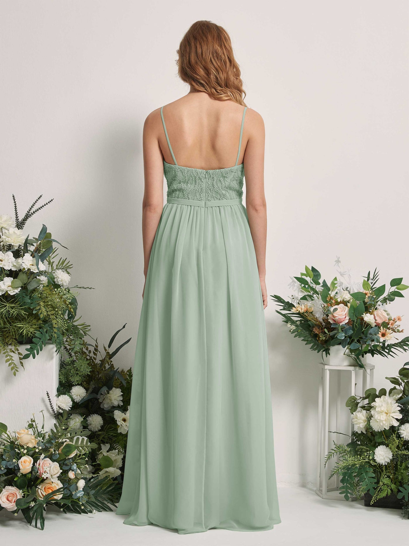 Carlyna A-Linien-Kleid V-Ausschnitt Bodenlang Gerafft Brautjungfernkleid Salbeigrün #farbe_salbeigr-n