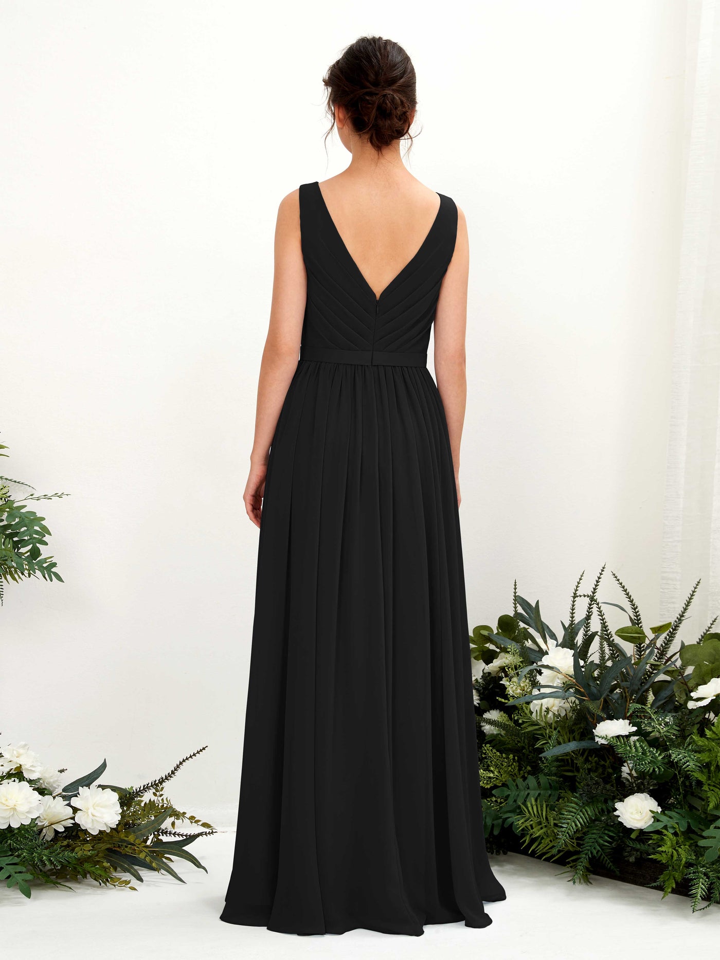 Carlyna A-Linien-Kleid V-Ausschnitt Bodenlang Gerafft Brautjungfernkleid Schwarz #farbe_schwarz