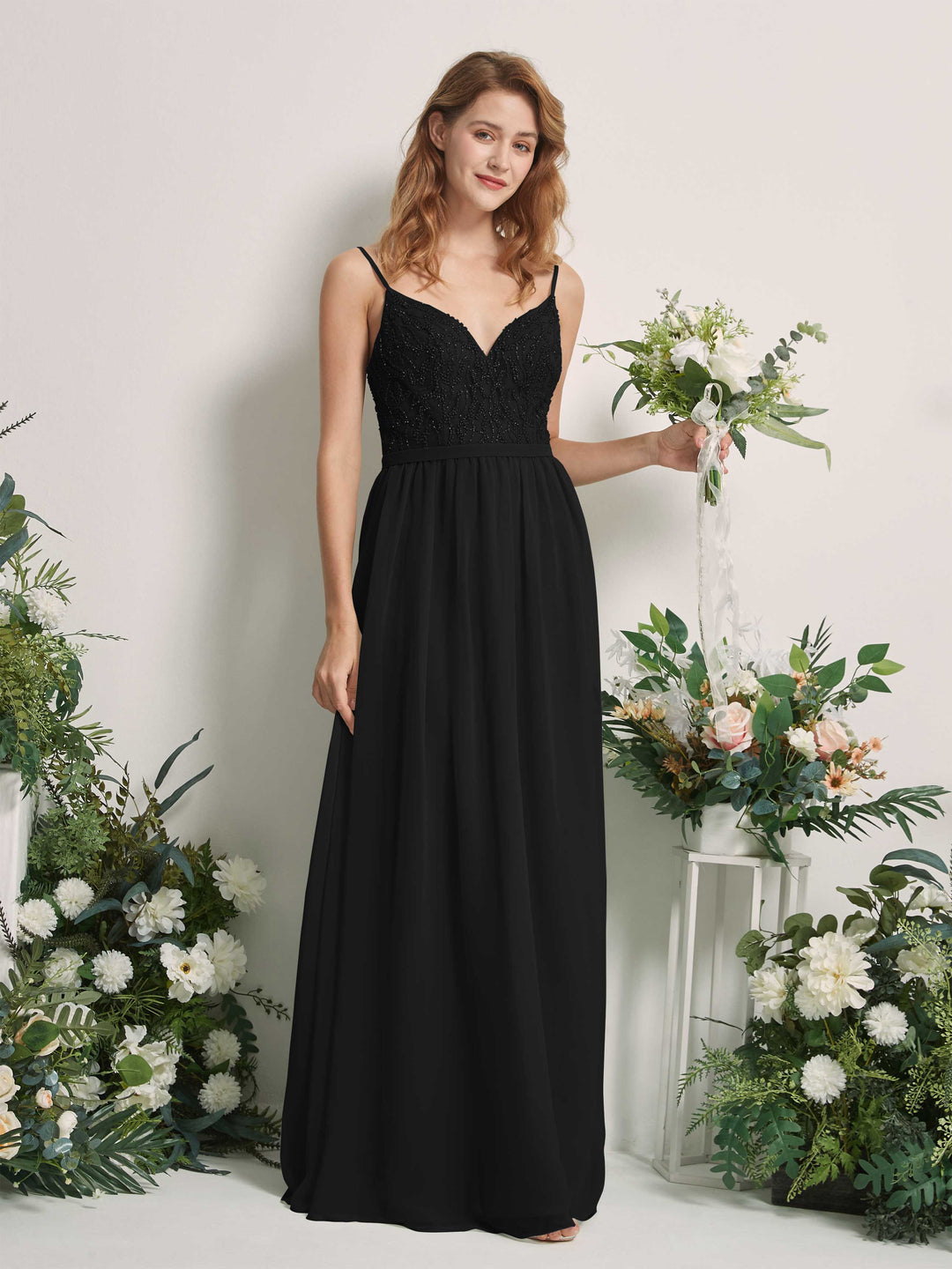Carlyna A-Linien-Kleid V-Ausschnitt Bodenlang Gerafft Brautjungfernkleid Schwarz 