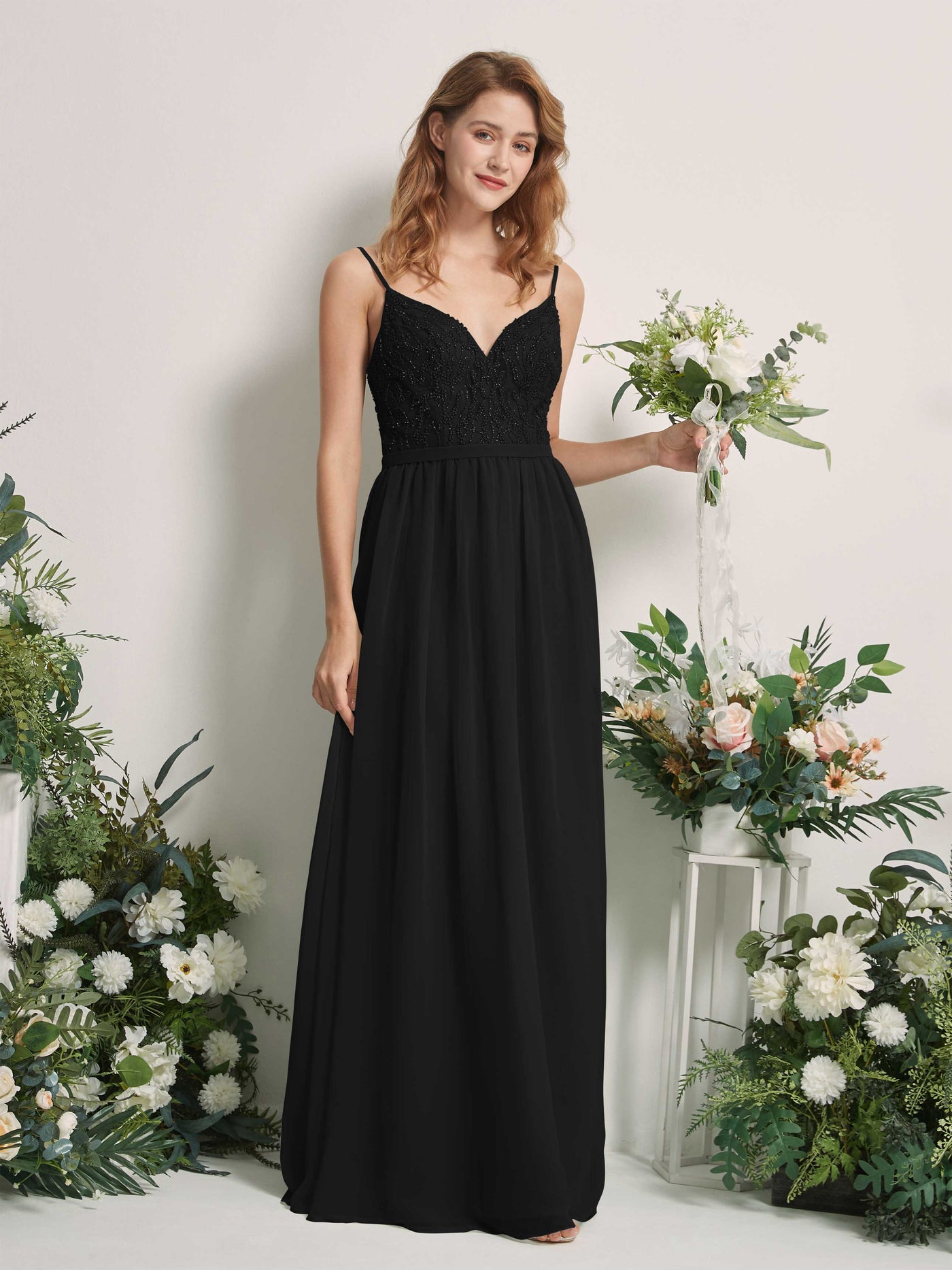 Carlyna A-Linien-Kleid V-Ausschnitt Bodenlang Gerafft Brautjungfernkleid Schwarz #farbe_schwarz
