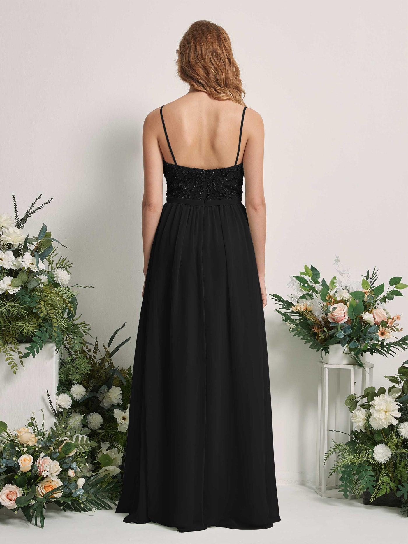 Carlyna A-Linien-Kleid V-Ausschnitt Bodenlang Gerafft Brautjungfernkleid Schwarz #farbe_schwarz