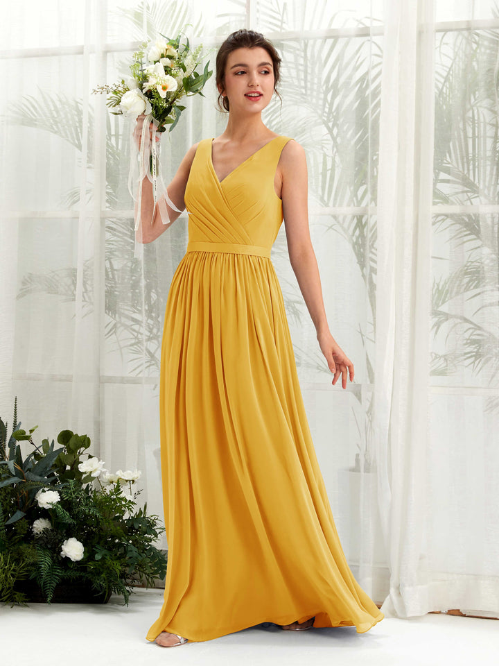 Carlyna A-Linien-Kleid V-Ausschnitt Bodenlang Gerafft Brautjungfernkleid Senfgelb 