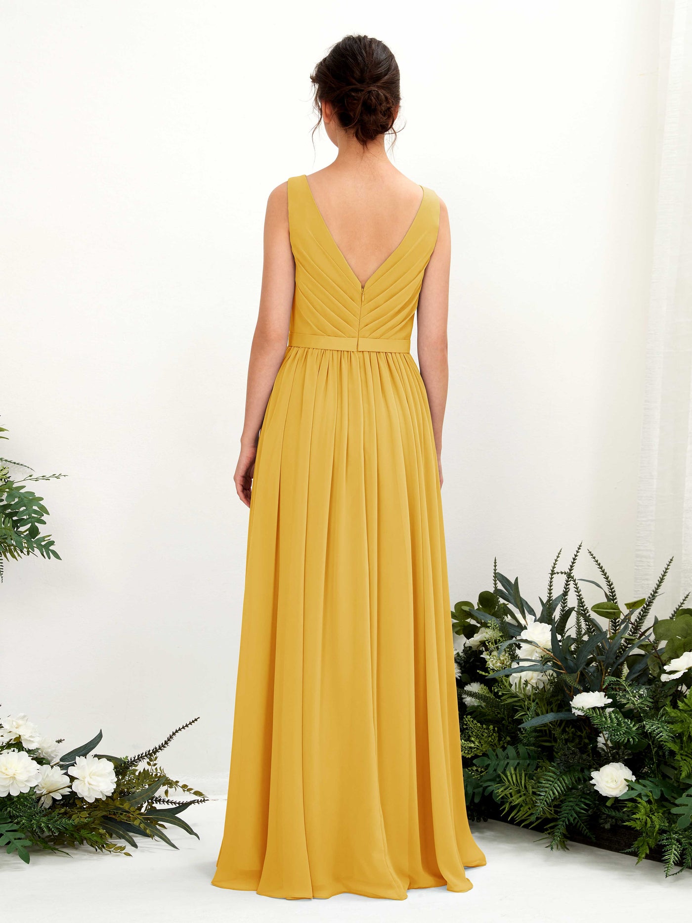 Carlyna A-Linien-Kleid V-Ausschnitt Bodenlang Gerafft Brautjungfernkleid Senfgelb #farbe_senfgelb