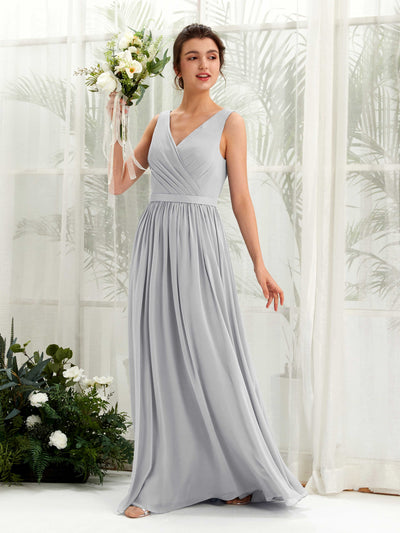 Carlyna A-Linien-Kleid V-Ausschnitt Bodenlang Gerafft Brautjungfernkleid Silber #farbe_silber