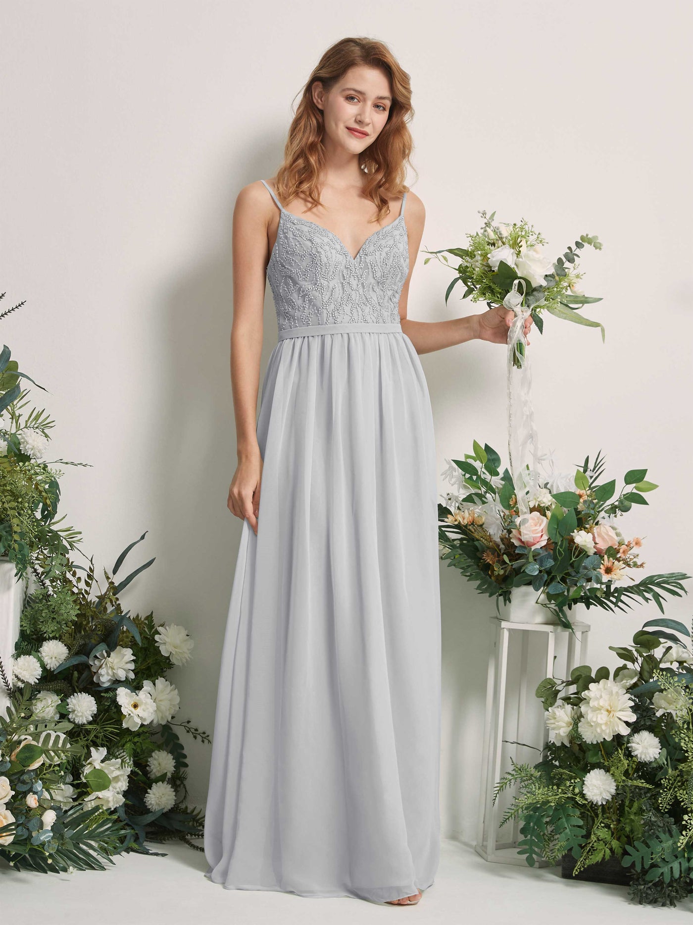 Carlyna A-Linien-Kleid V-Ausschnitt Bodenlang Gerafft Brautjungfernkleid Silber #farbe_silber