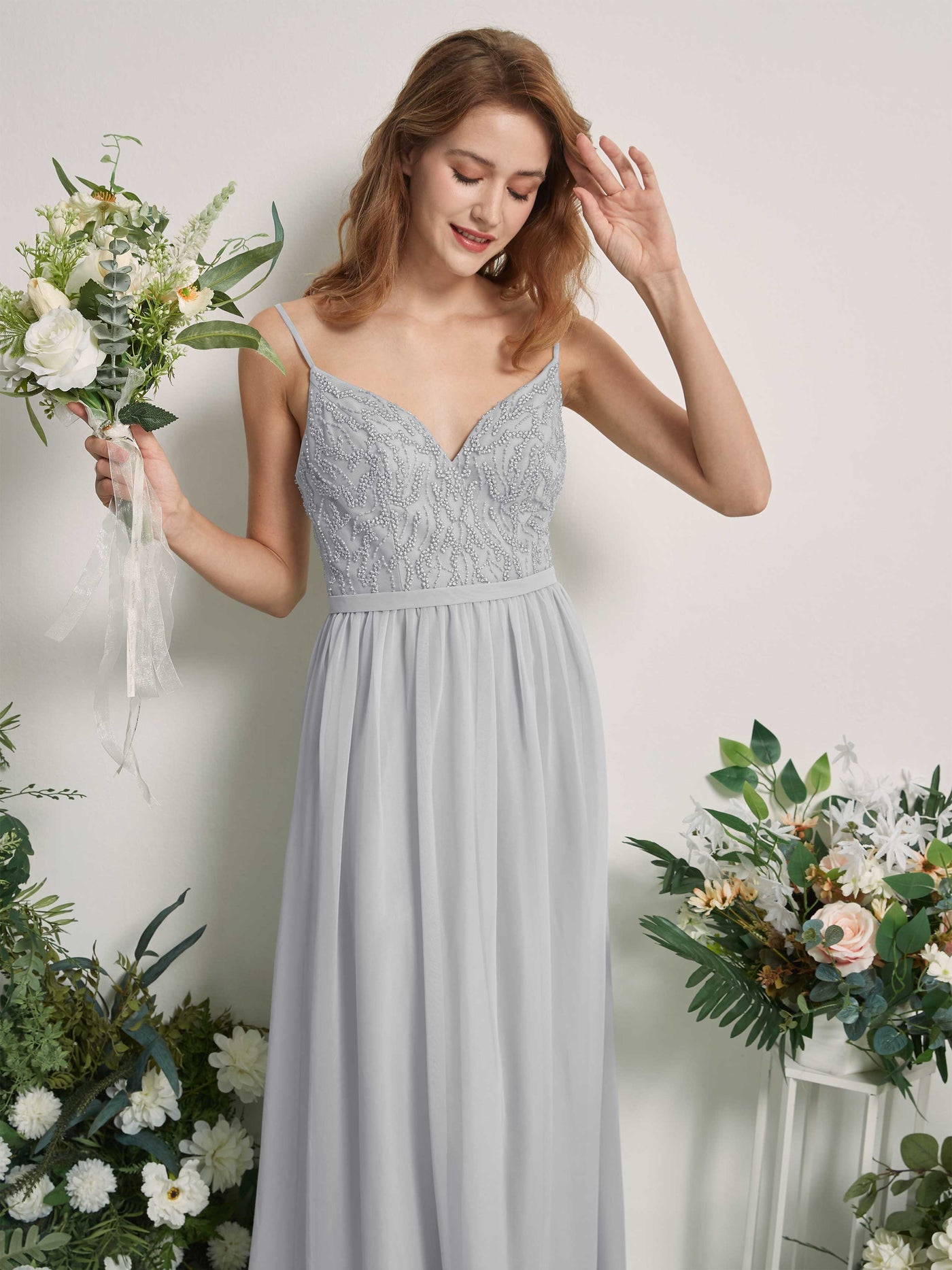 Carlyna A-Linien-Kleid V-Ausschnitt Bodenlang Gerafft Brautjungfernkleid Silber #farbe_silber
