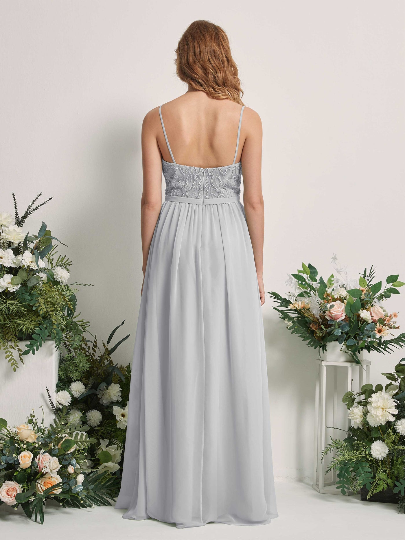 Carlyna A-Linien-Kleid V-Ausschnitt Bodenlang Gerafft Brautjungfernkleid Silber #farbe_silber
