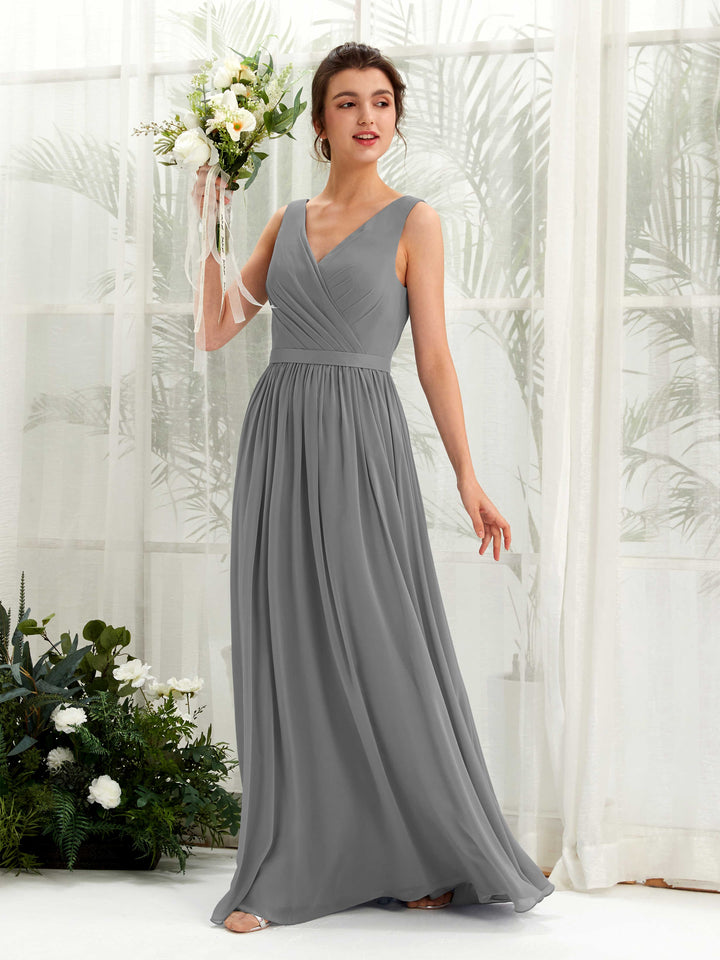 Carlyna A-Linien-Kleid V-Ausschnitt Bodenlang Gerafft Brautjungfernkleid Stahlgrau 
