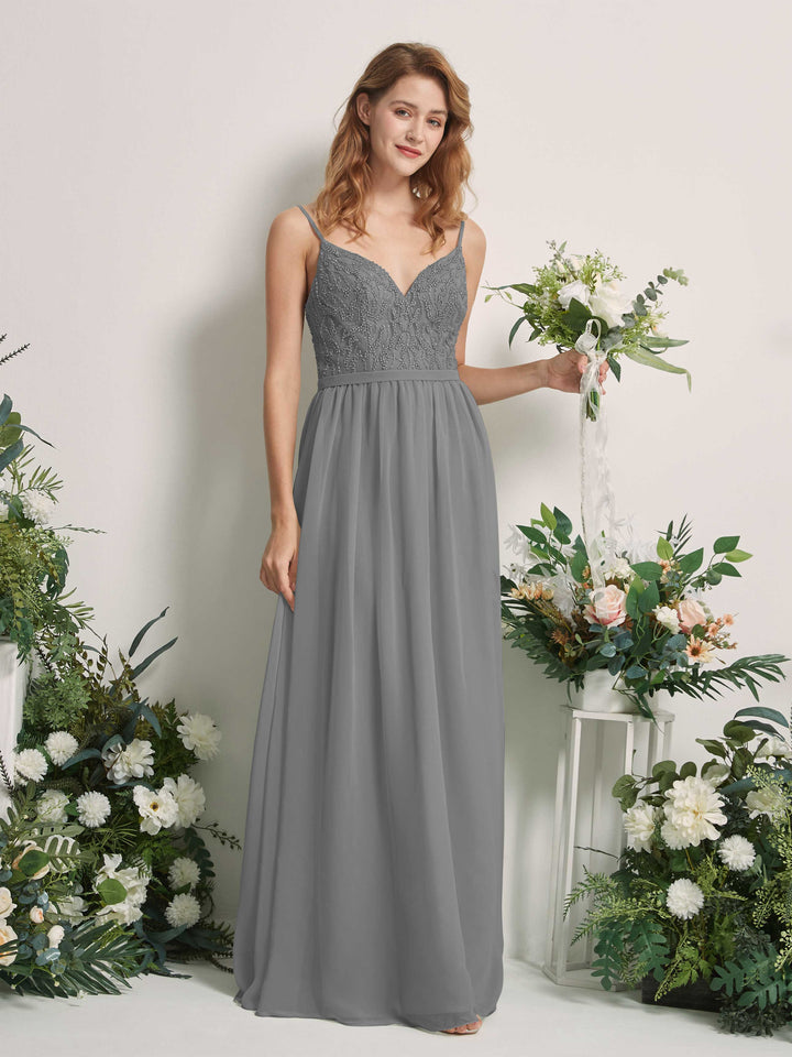 Carlyna A-Linien-Kleid V-Ausschnitt Bodenlang Gerafft Brautjungfernkleid Stahlgrau 