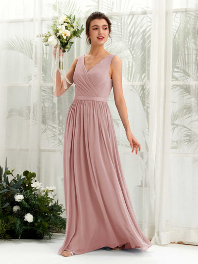 Carlyna A-Linien-Kleid V-Ausschnitt Bodenlang Gerafft Brautjungfernkleid Staubige Rose #farbe_staubige-rose