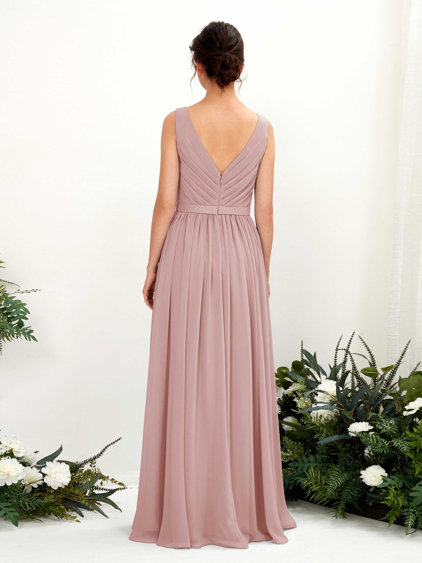 Carlyna A-Linien-Kleid V-Ausschnitt Bodenlang Gerafft Brautjungfernkleid Staubige Rose #farbe_staubige-rose