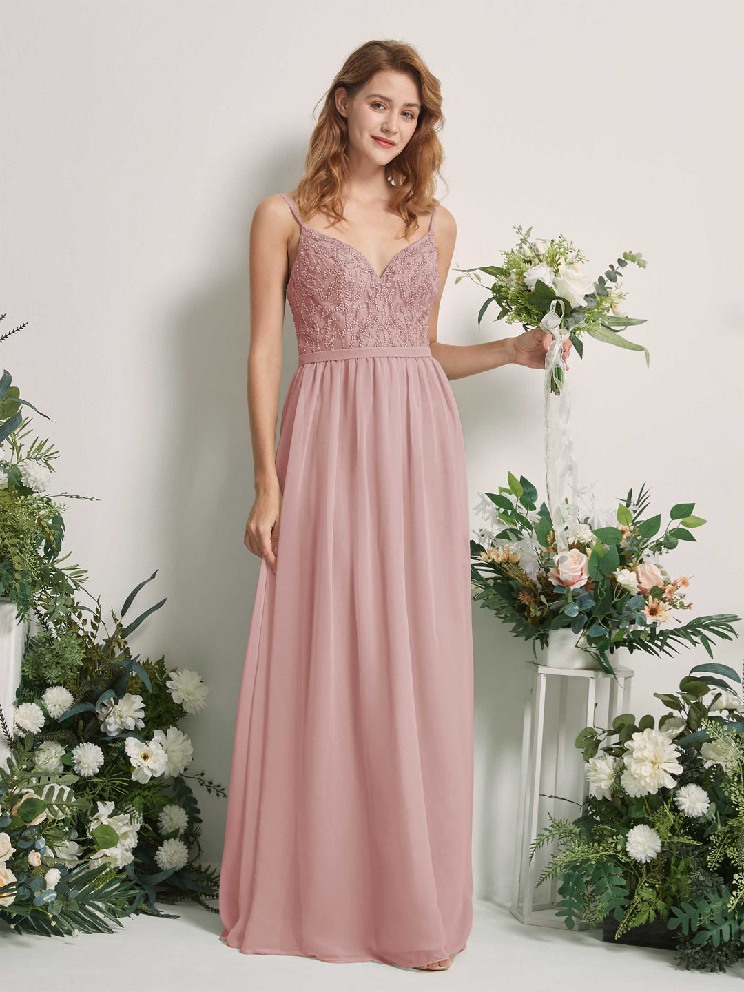 Carlyna A-Linien-Kleid V-Ausschnitt Bodenlang Gerafft Brautjungfernkleid Staubige Rose 