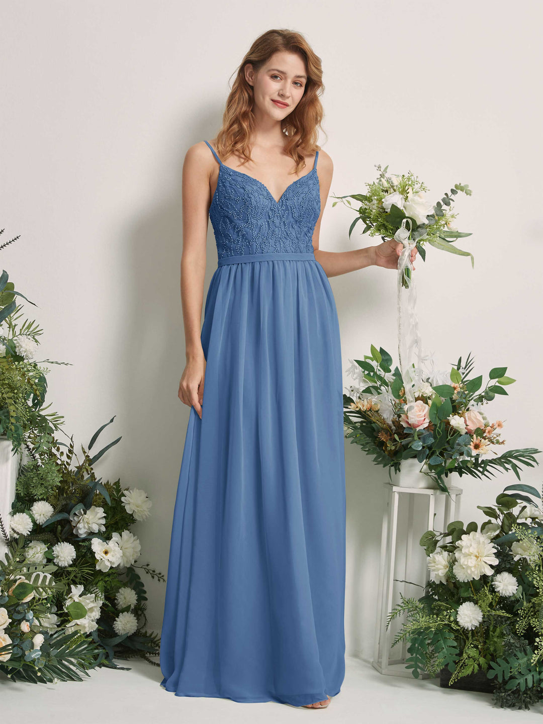 Carlyna A-Linien-Kleid V-Ausschnitt Bodenlang Gerafft Brautjungfernkleid Staubiges Blau 