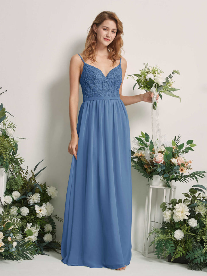 Carlyna A-Linien-Kleid V-Ausschnitt Bodenlang Gerafft Brautjungfernkleid Staubiges Blau 