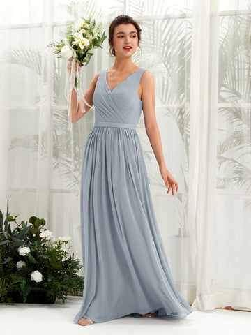 Carlyna A-Linien-Kleid V-Ausschnitt Bodenlang Gerafft Brautjungfernkleid Staubiges Blau-Upgrade #farbe_staubiges-blau-upgrade