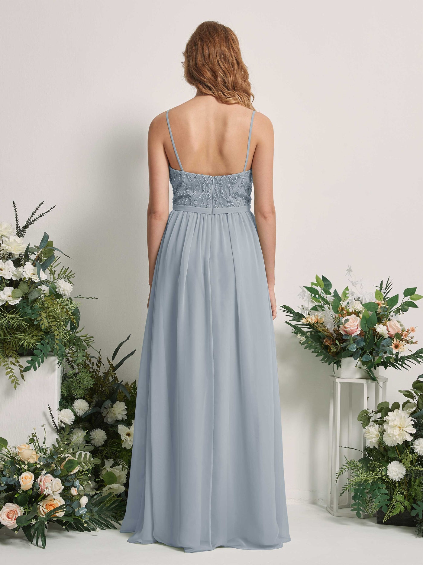 Carlyna A-Linien-Kleid V-Ausschnitt Bodenlang Gerafft Brautjungfernkleid Staubiges Blau-Upgrade #farbe_staubiges-blau-upgrade