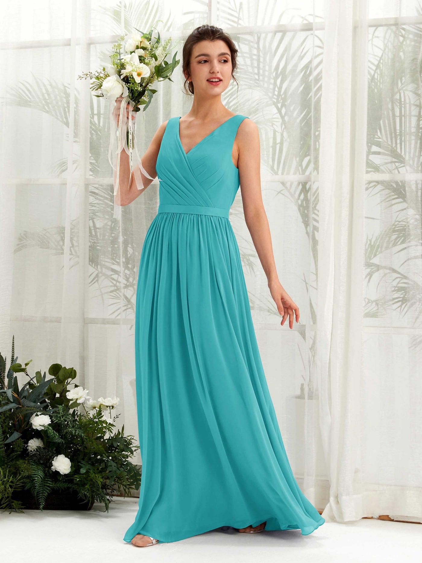 Carlyna A-Linien-Kleid V-Ausschnitt Bodenlang Gerafft Brautjungfernkleid Türkis #farbe_t-rkis