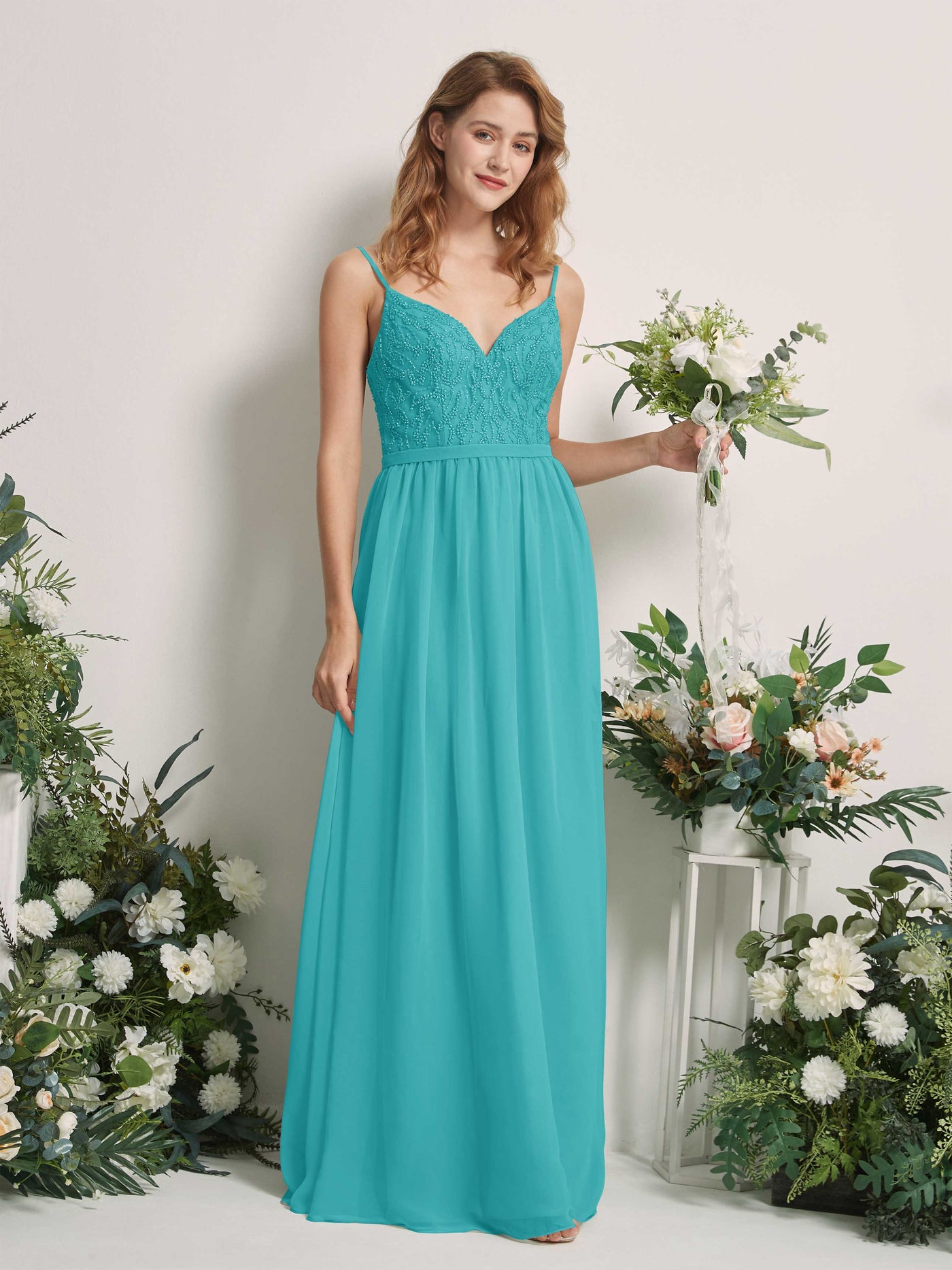 Carlyna A-Linien-Kleid V-Ausschnitt Bodenlang Gerafft Brautjungfernkleid Türkis #farbe_t-rkis