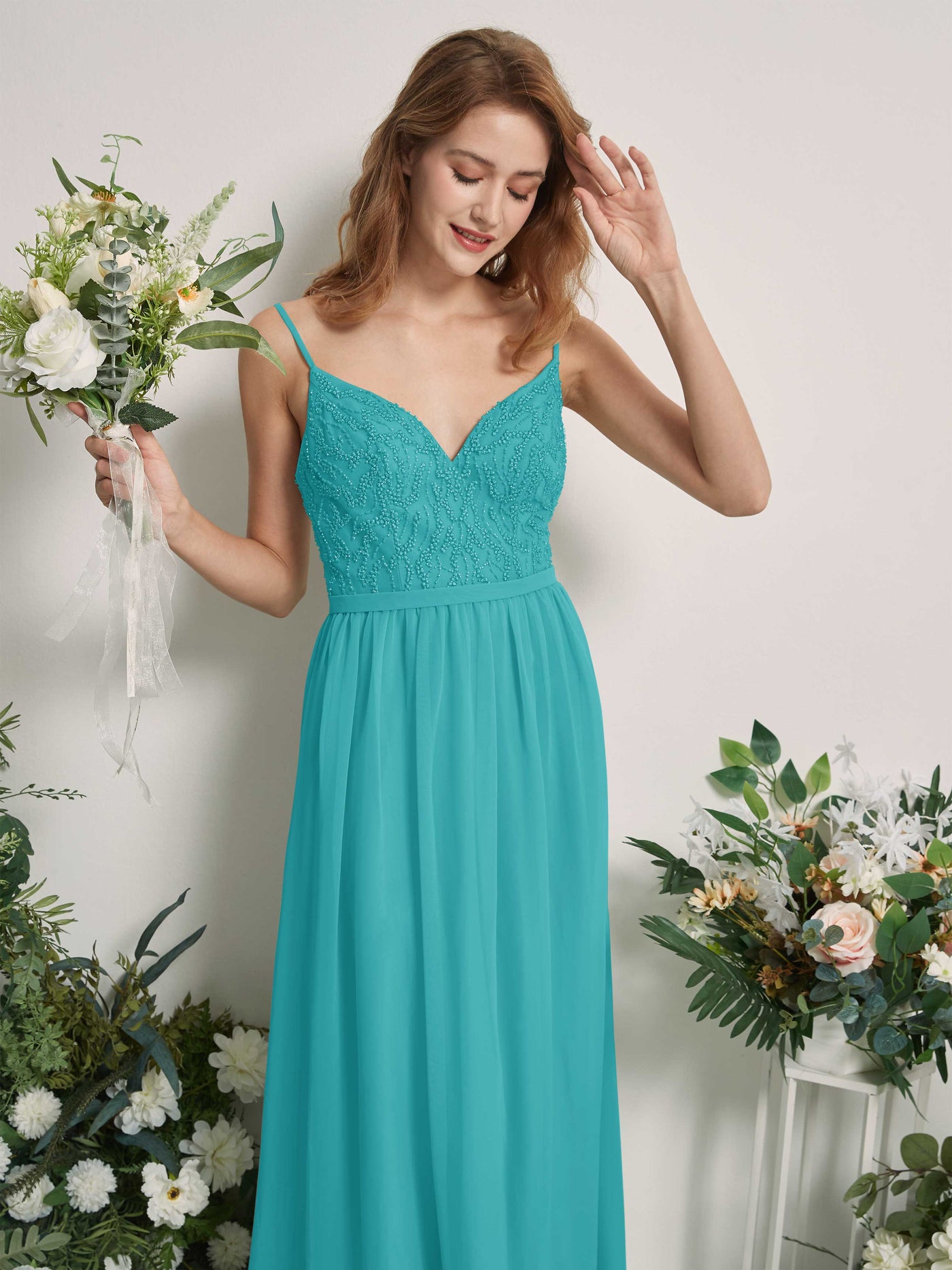 Carlyna A-Linien-Kleid V-Ausschnitt Bodenlang Gerafft Brautjungfernkleid Türkis #farbe_t-rkis