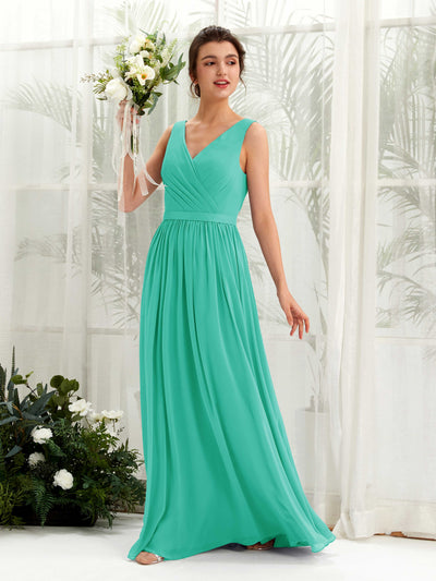 Carlyna A-Linien-Kleid V-Ausschnitt Bodenlang Gerafft Brautjungfernkleid Tiffany-Blau #farbe_tiffany-blau