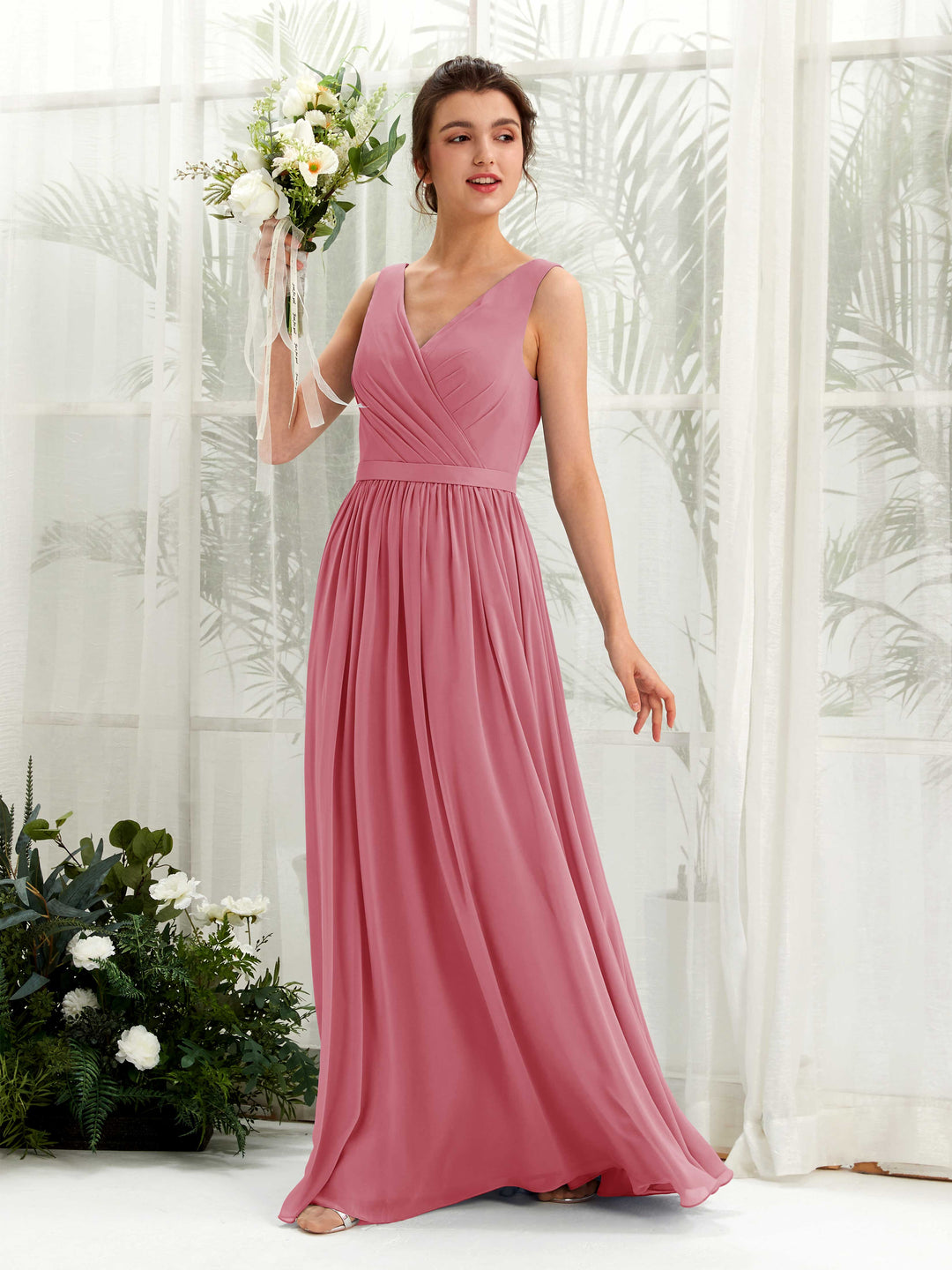 Carlyna A-Linien-Kleid V-Ausschnitt Bodenlang Gerafft Brautjungfernkleid Wüstenrose 