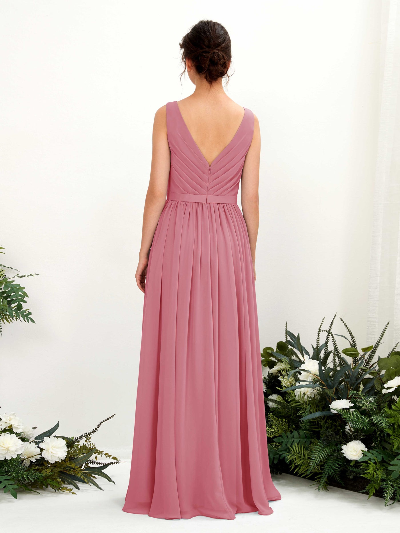 Carlyna A-Linien-Kleid V-Ausschnitt Bodenlang Gerafft Brautjungfernkleid Wüstenrose #farbe_w-stenrose