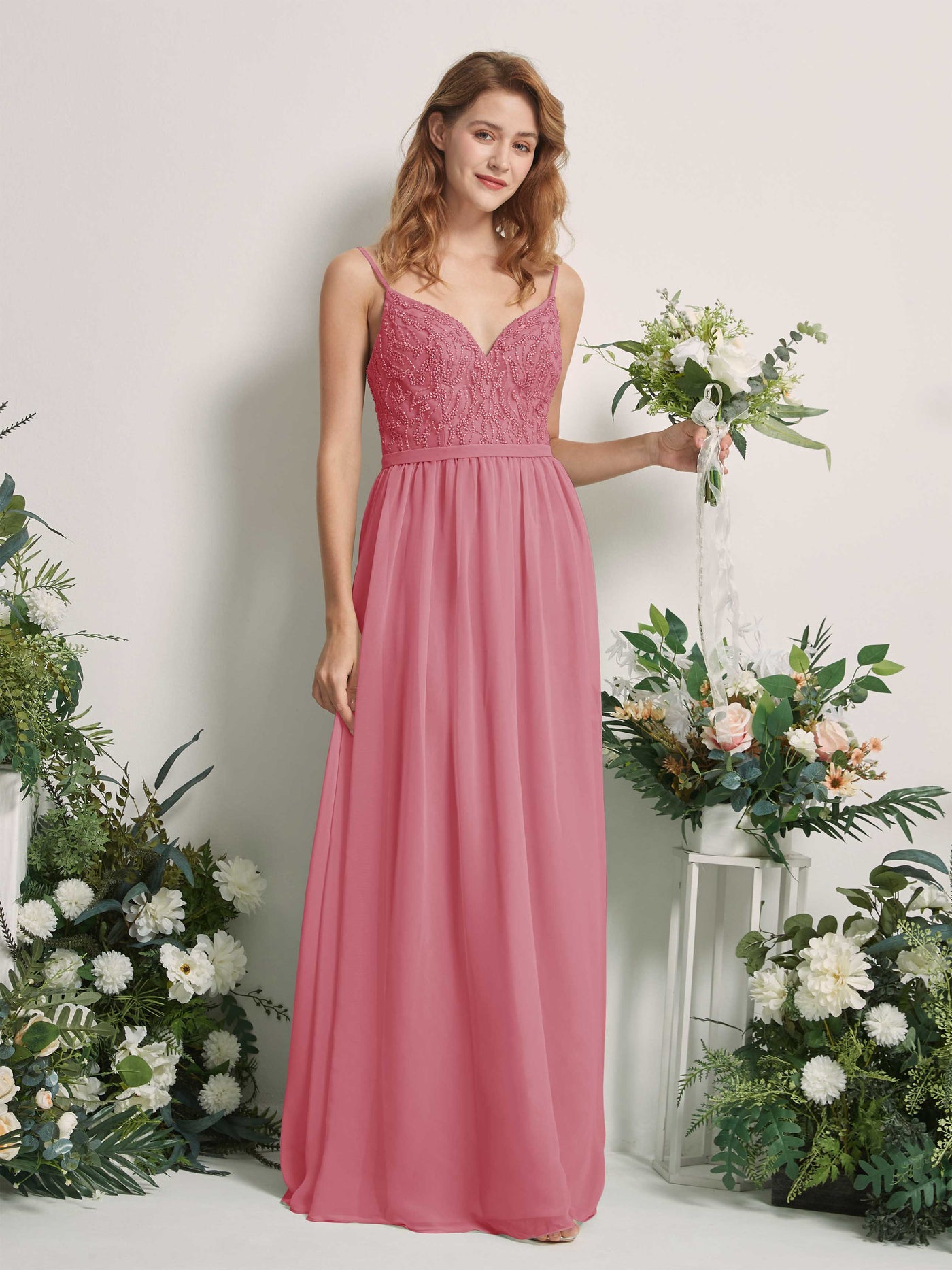 Carlyna A-Linien-Kleid V-Ausschnitt Bodenlang Gerafft Brautjungfernkleid Wüstenrose #farbe_w-stenrose